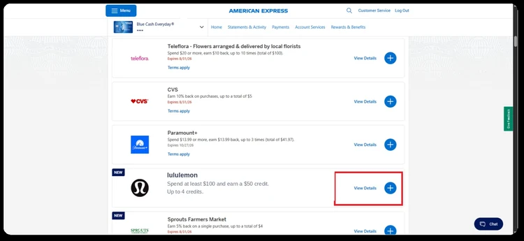 American Express Lululemon offer activation step 03