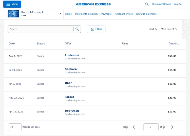 American Express rewards activity showing Lululemon and other earned statement credits