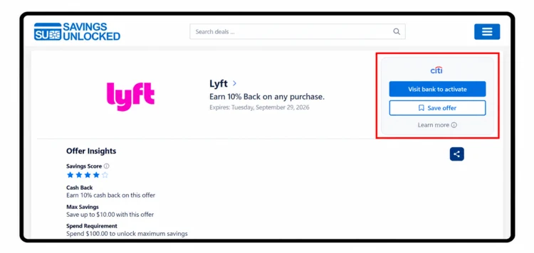 Savings Unlocked offer page for a Citi Lyft offer, with the Visit bank to activate and Save offer buttons highlighted