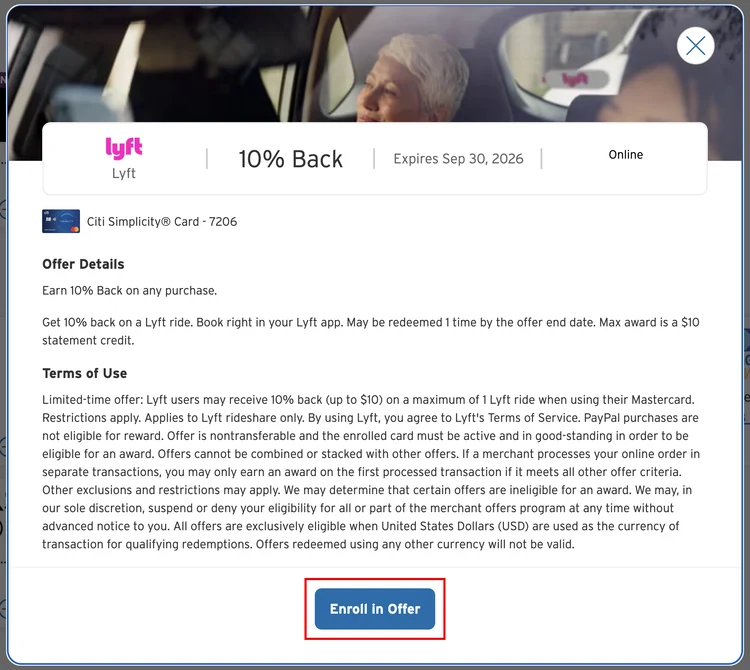 Citi offer detail page for a Lyft 10% back offer, with the Enroll in Offer button highlighted
