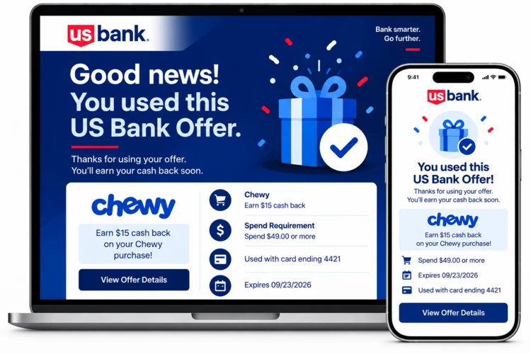 U.S. Bank confirmation showing the Chewy offer was used and cash back is on the way