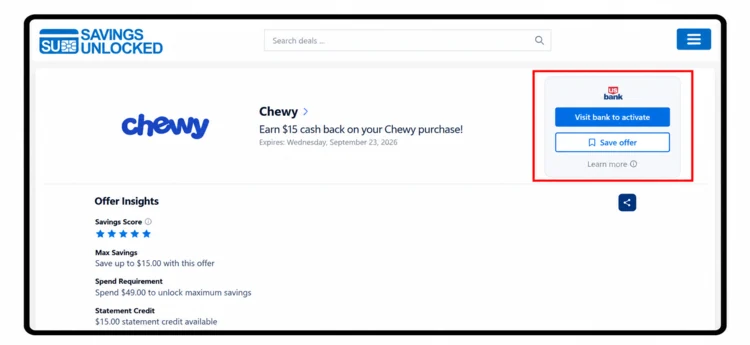 Savings Unlocked offer page for a U.S. Bank Chewy offer, with the Visit bank to activate and Save offer buttons highlighted