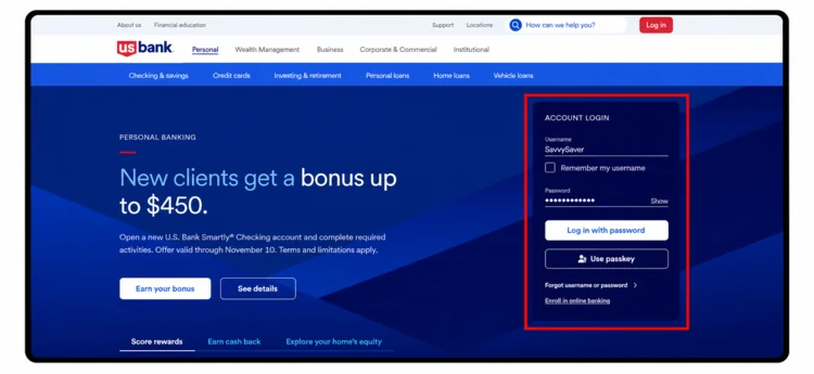 U.S. Bank sign-in page with the account login fields highlighted