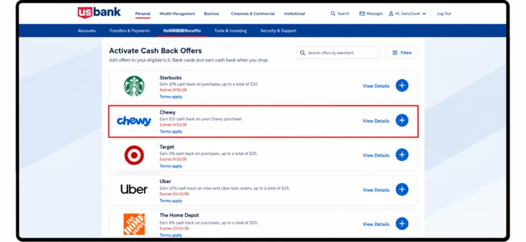 U.S. Bank Activate Cash Back Offers page showing the Chewy offer highlighted