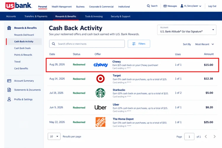 U.S. Bank Rewards & Offers Activity showing the Six Flags offer marked Earned