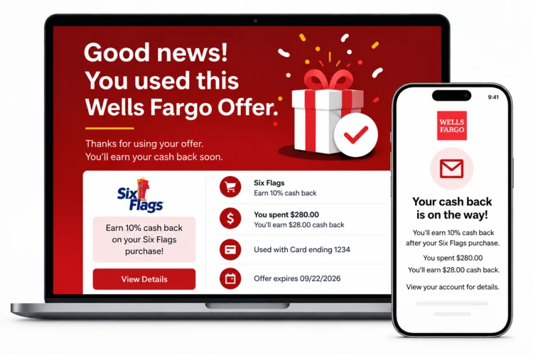 Wells Fargo confirmation showing the Six Flags offer was used and cash back is on the way
