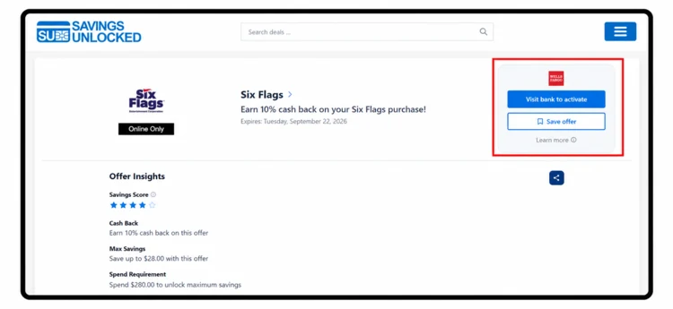 Savings Unlocked offer page for a Wells Fargo Six Flags offer, with the Visit bank to activate and Save offer buttons highlighted