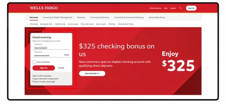Wells Fargo sign-in page with the User ID, Password, and Sign On fields highlighted