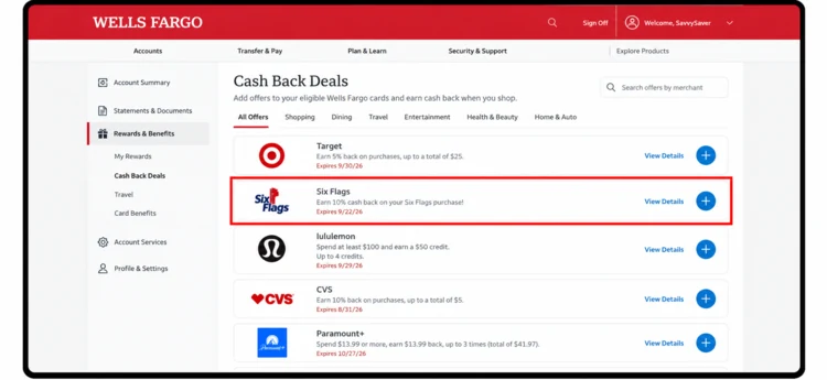 Wells Fargo offer detail page for a Six Flags 10% back offer, with the Enroll in Offer button highlighted